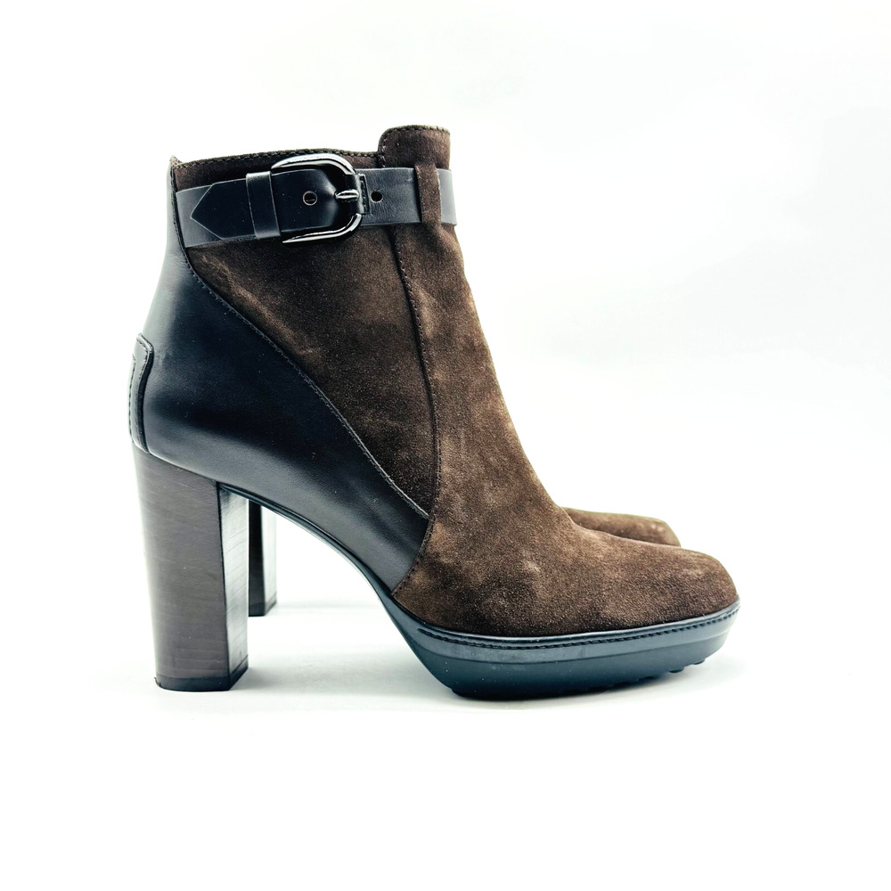 Tods Boots Womens 5.5 Brown Suede Ankle Heels Buckle Italian Vintage